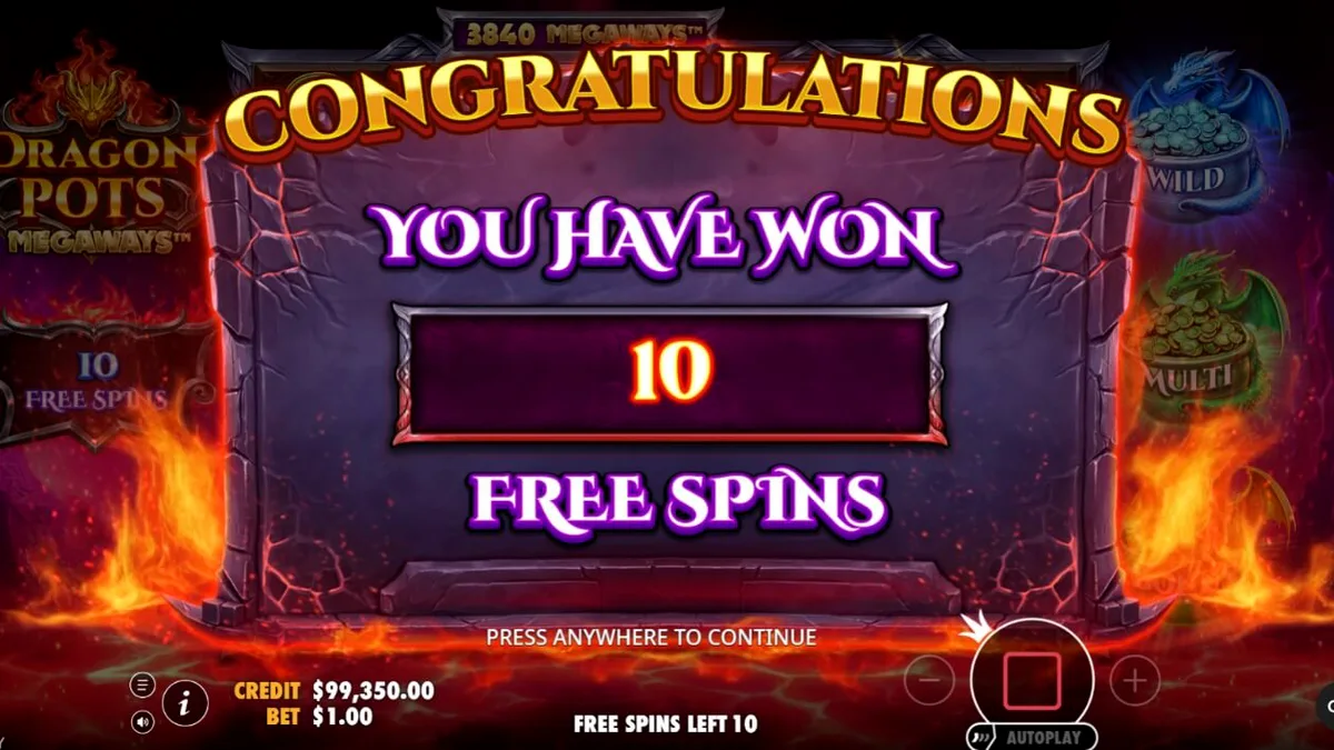 Dragon Pots Megaways slot machine interface with dragon theme